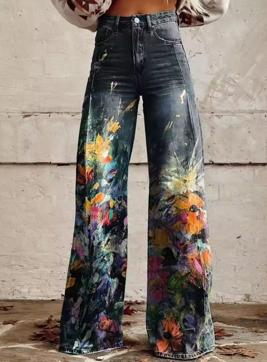 Aria | Painted Garden High-Waisted Wide-Leg Jeans