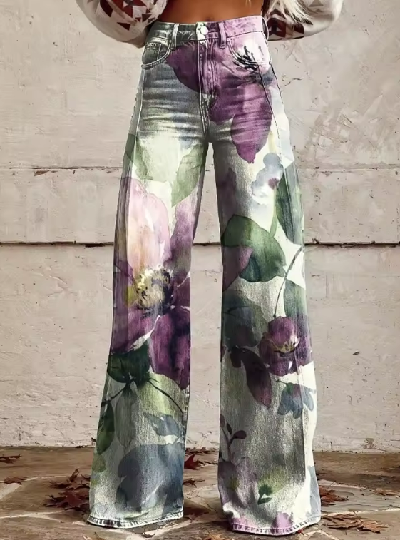 Freya | Elegant Watercolour Floral Wide-Leg Jeans