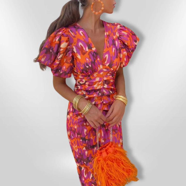 Callista | Colourful Pleated Sleeve Dress with Open Back