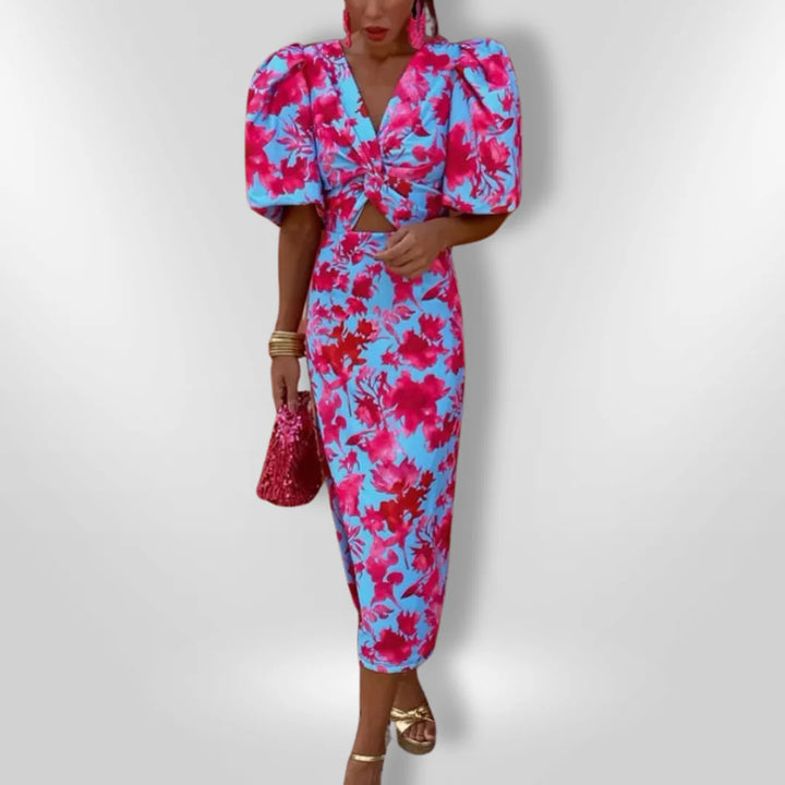 Callista | Colourful Pleated Sleeve Dress with Open Back