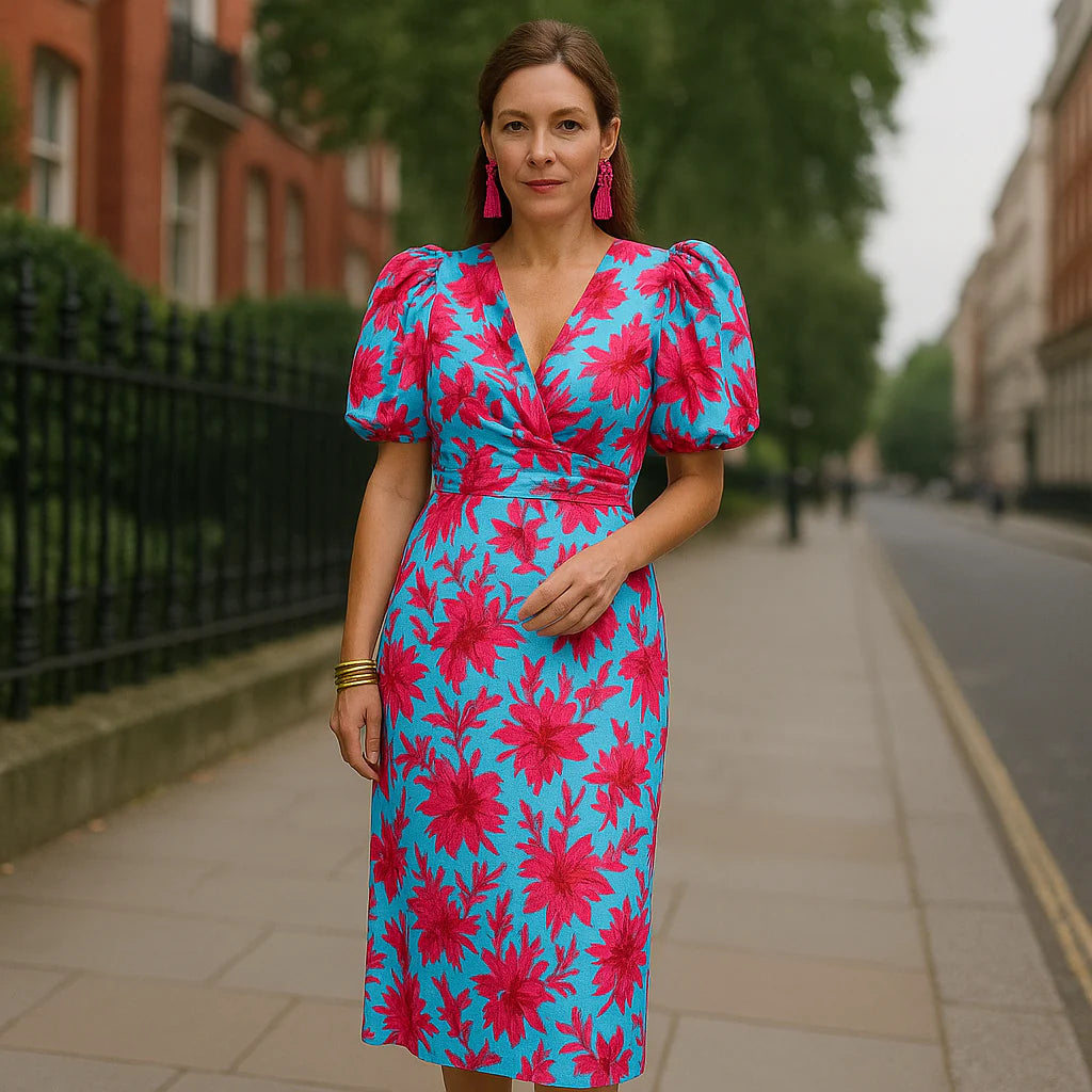 Callista | Colourful Pleated Sleeve Dress with Open Back