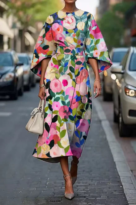 Elina | Elegant Floral Midi Dress with Open Back