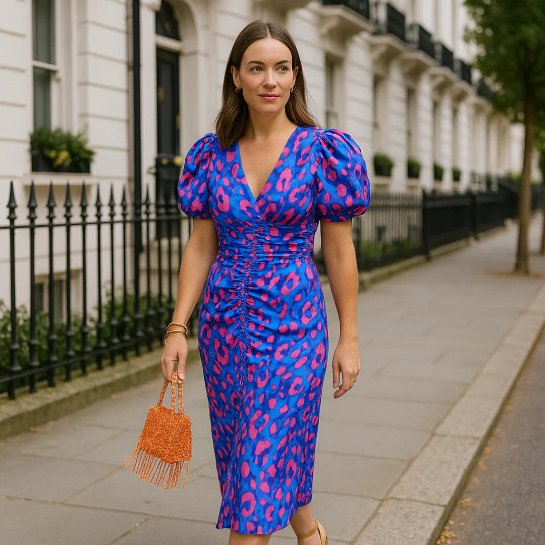 Callista | Colourful Pleated Sleeve Dress with Open Back