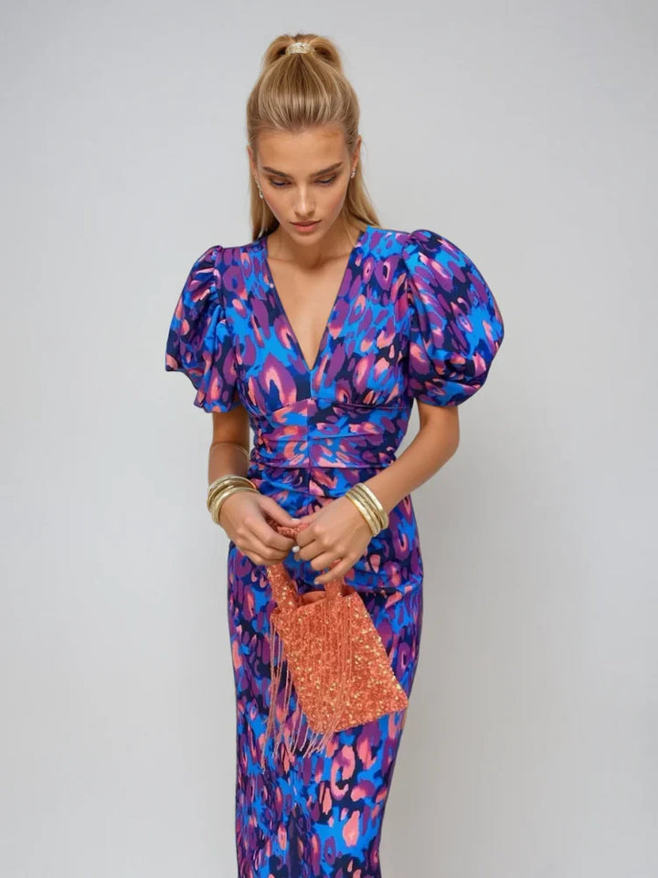 Callista | Colourful Pleated Sleeve Dress with Open Back